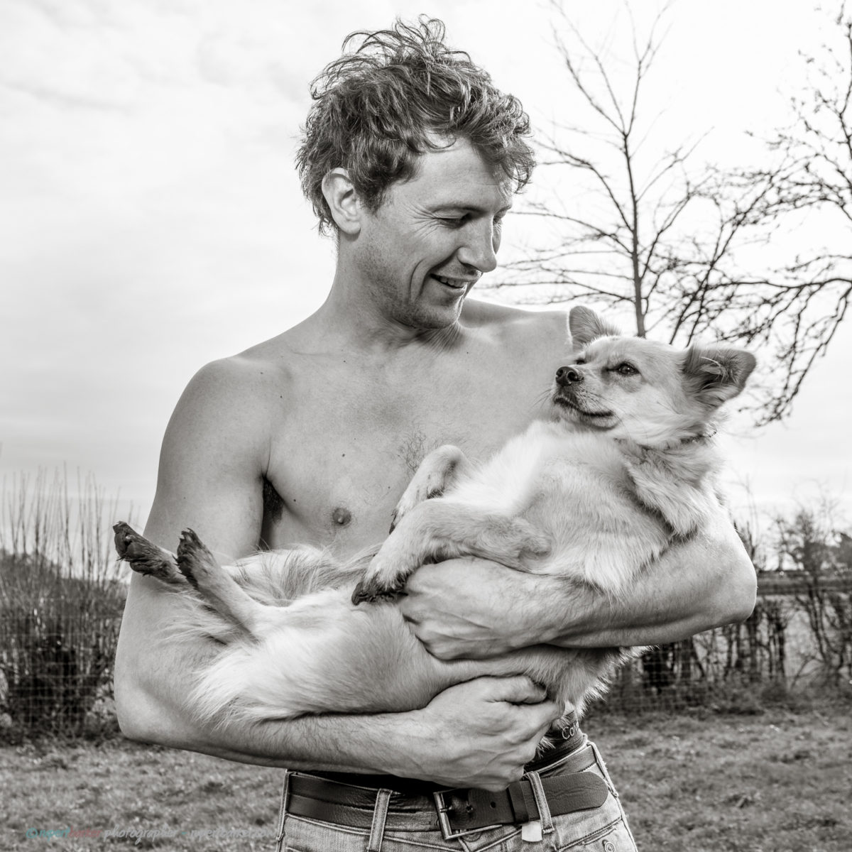 Topless Male Portrait with dog Black and White Calendar shoot