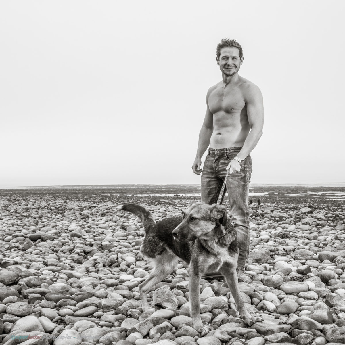 Topless Male Portrait with rescue dog Black and White Calendar shoot